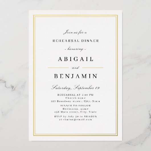エレガント金ゴールド縁どミニマルなリハーサル 箔招待状 (正面)
