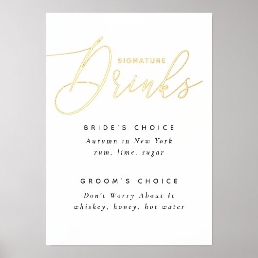 エレガント金ゴールド署名ドリンク | の結婚バー標識 箔ポスター (正面)