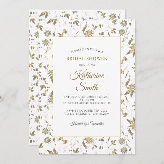 エレガント金ゴールド花つる植物ブライダルシャワー 招待状 (正面/裏面)