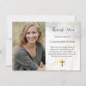 エレガント金ゴールド花写真葬式 サンキューカード (正面)