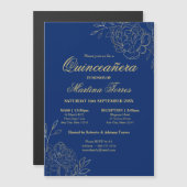 エレガント金ゴールド花王室の青フローラキンセアニェラ マグネット招待状 (正面/裏面)