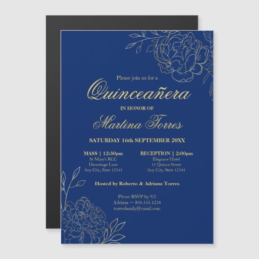 エレガント金ゴールド花王室の青フローラキンセアニェラ マグネット招待状 (正面/裏面)