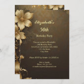 エレガント金ゴールド花誕生会モダン 招待状 (正面/裏面)