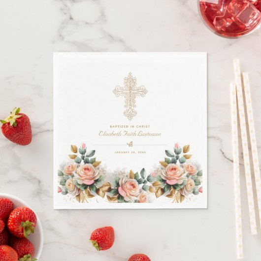 エレガント金ゴールド華美クロスフローラバプテスマ スタンダードランチョンナプキン (インサイチュ)