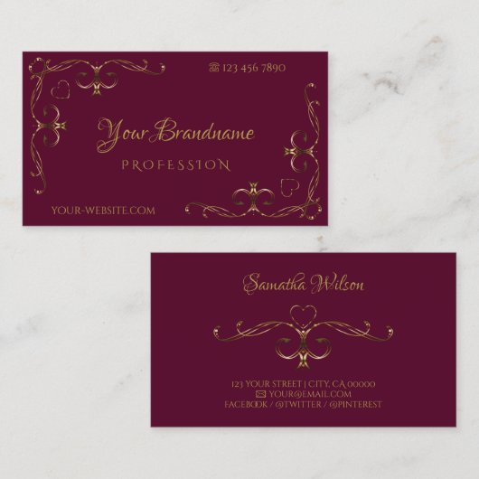 エレガント金ゴールド華美コーナーバーガンディ装飾品 名刺 (正面/裏面)