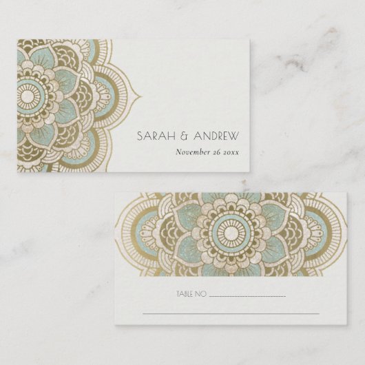 エレガント金ゴールド華美ティール（緑がかった色）ターコイズマンダラ結婚ス プレイスカード (正面/裏面)
