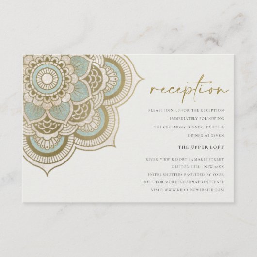 エレガント金ゴールド華美ティール(緑がかった色)マンダラウェディングレセプション エンクロージャーカード (正面)