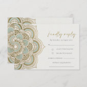 エレガント金ゴールド華美ティール(緑がかった色)マンダラウェディングRSVP エンクロージャーカード (正面/裏面)