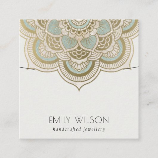 エレガント金ゴールド華美ティール（緑がかった色）マンダラネックレスディスプレイ スクエア名刺 (正面)