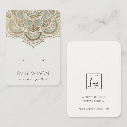 エレガント金ゴールド華美ティール(緑がかった色)3イヤリングディスプレイ 名刺 (正面/裏面)