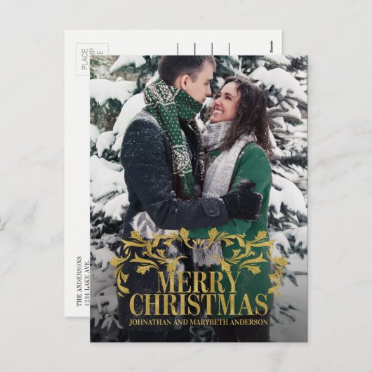 エレガント金ゴールド華美メリークリスマス写真はがき シーズンポストカード (正面/裏面)