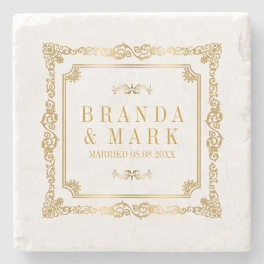 エレガント金ゴールド華美ヴィンテージフローラ枠 ストーンコースター (正面)