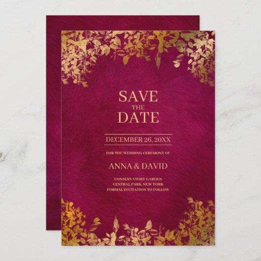 エレガント金ゴールド葉は日付を保存結婚する 招待状 (正面/裏面)