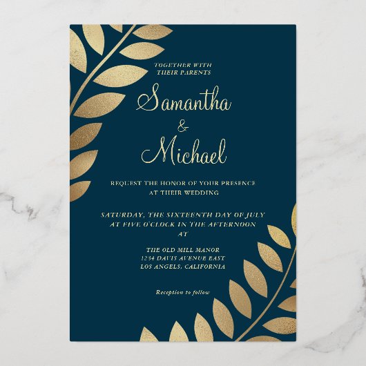 エレガント金ゴールド葉トロピカルフォト結婚ズ実在・LFC 箔招待状 (正面)