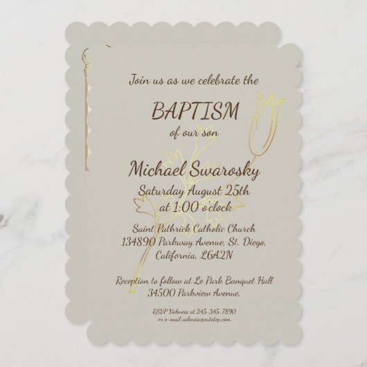 エレガント金ゴールド葉バプテスマ/《キリスト教》洗礼式や命名式フォトフラット 招待状 (正面/裏面)