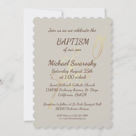 エレガント金ゴールド葉バプテスマ/《キリスト教》洗礼式や命名式フォトフラット 招待状 (正面)