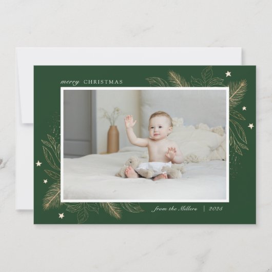 エレガント金ゴールド葉2枚写真クリスマスファミリーカード シーズンカード (正面)