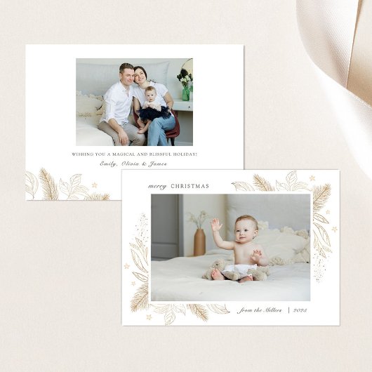 エレガント金ゴールド葉2枚写真クリスマスファミリーカード シーズンカード