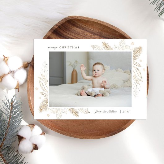 エレガント金ゴールド葉2枚写真クリスマスファミリーカード シーズンカード