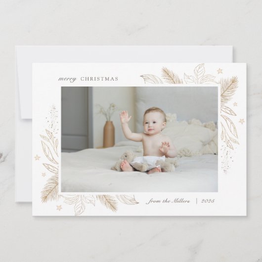 エレガント金ゴールド葉2枚写真クリスマスファミリーカード シーズンカード (正面)