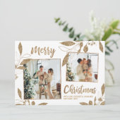 エレガント金ゴールド葉2枚写真コラージュのクリスマスカード (スタンド正面)