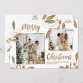 エレガント金ゴールド葉2枚写真コラージュのクリスマスカード (正面/裏面)