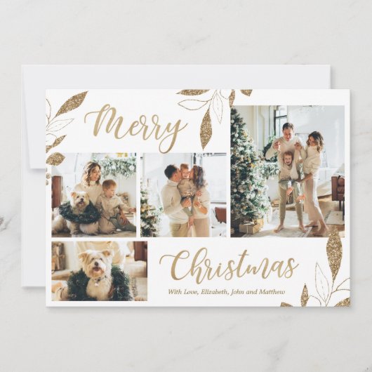 エレガント金ゴールド葉4 Photo Collage Christmas Card (正面)