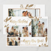 エレガント金ゴールド葉4 Photo Collage Christmas Card (正面/裏面)
