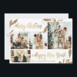 エレガント金ゴールド葉4 Photo Collage Christmas Card<br><div class="desc">モダン金ゴールドエレガントと白いボタニッ葉クの4 Photo Collage Merry Christmasホリデーカード。このフェスティバル、模倣者、お洒落4枚(4)フォト・ホリデー・カード・テンプレートは、フォト・コラージュかわいらし、金ゴールドフォイル植物学フェイクの、ウインターベリーとメリー・クリスマスとハッピーニューイヤーと言う・フォイル・ボタニカルのを備えている。白い背景に美しい手書きタイポグラフィフォントタイプの挨拶文字「メリークリスマスとハッピーニューイヤー」を使用した挨拶を使用した書り、「メリークリスマスとハッピーニューイヤー」を楽しむことができる。裏側には金ゴールド枠と金ゴールドグリッター箔の配フェイク置を白に施した横型の写真が一つ葉つ配置されている。このかわいらしクリスマスとホリデーシーズンに家族や友人のために記念しなさい。</div>