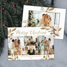 エレガント金ゴールド葉4 Photo Collage Christmas Card
