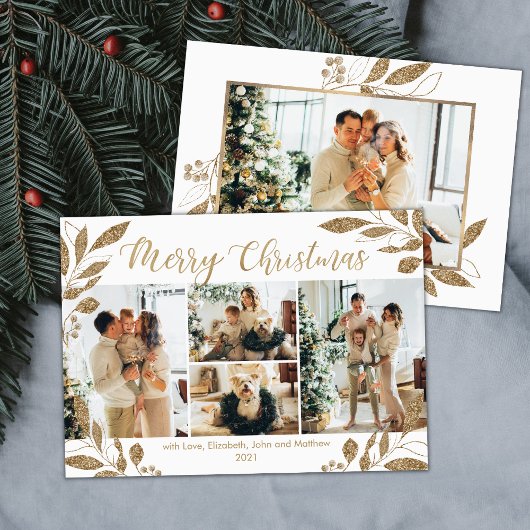 エレガント金ゴールド葉4 Photo Collage Christmas Card