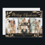 エレガント金ゴールド葉4 Photo Collage Christmas Card<br><div class="desc">エレガント, 金ゴールドと黒モダン植物学葉の4写真コラージュMerry Christmasホリデーカード。このフェスティバルは、模倣者お洒落、4つのグリッド写真コラージュのホリデーカードのテンプレート葉は、フォトコラージュ、金ゴールドフォイルの植物性のかわいらしフェイク、ウインターベリーとメリーのクリスマスを特徴としている！「メリークリスマス」の挨拶文字は書、黒い背景には、美しい手書きのタイポグラフィフォントタイプで表示される。裏側には金ゴールド枠と金ゴールドグリッター箔のフェイクを黒に配置した一枚の横写真がある。このかわいらしクリスマスシーズンとホリデーシーズンの家族と友人のためのグリーティングカード。</div>