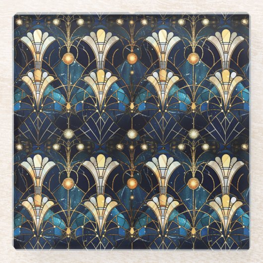 エレガント金ゴールド蓮フェイクステンドグラス模様 ガラスコースター (正面)
