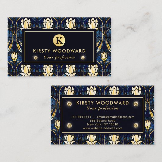 エレガント金ゴールド蓮フェイクステンドグラス模様 名刺 (正面/裏面)