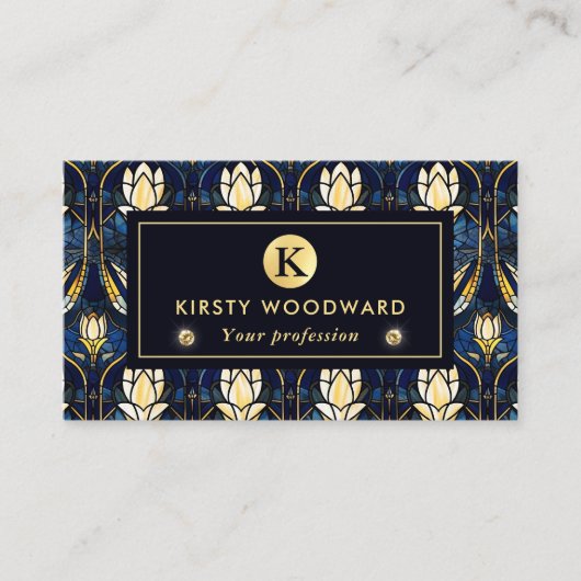 エレガント金ゴールド蓮フェイクステンドグラス模様 名刺 (正面)