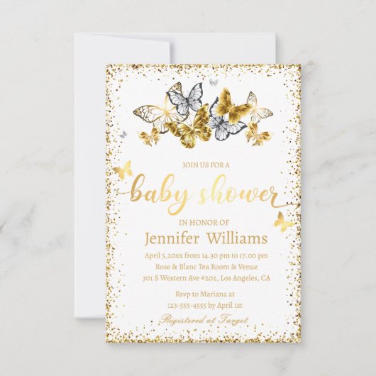 エレガント金ゴールド蝶グリッター赤ちゃん 招待状 (正面)