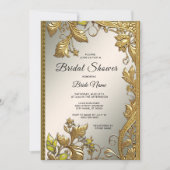 エレガント金ゴールド装飾フローラブライダルシャワー 招待状 (正面)