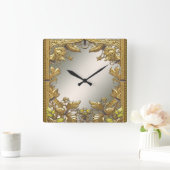 エレガント金ゴールド装飾フローラ壁時計 スクエア壁時計 (ホーム)