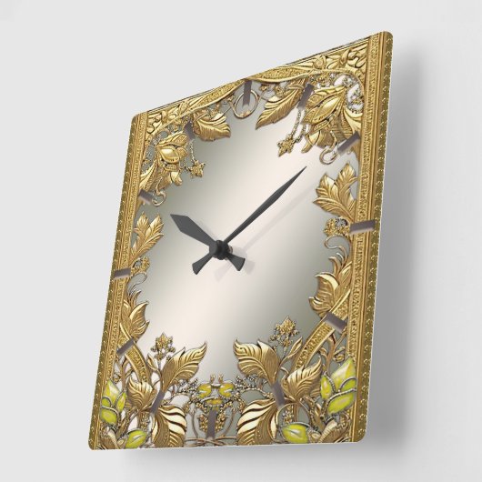 エレガント金ゴールド装飾フローラ壁時計 スクエア壁時計 (傾斜)