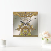 エレガント金ゴールド装飾フローラ壁時計 スクエア壁時計 (ホーム)