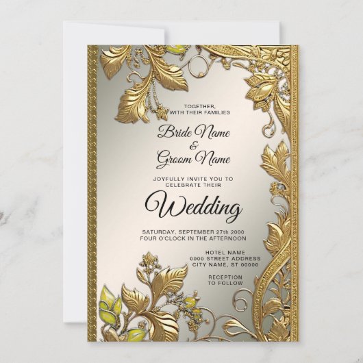 エレガント金ゴールド装飾フローラ結婚式招待状 招待状 (正面)