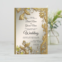 エレガント金ゴールド装飾フローラ結婚式招待状 招待状