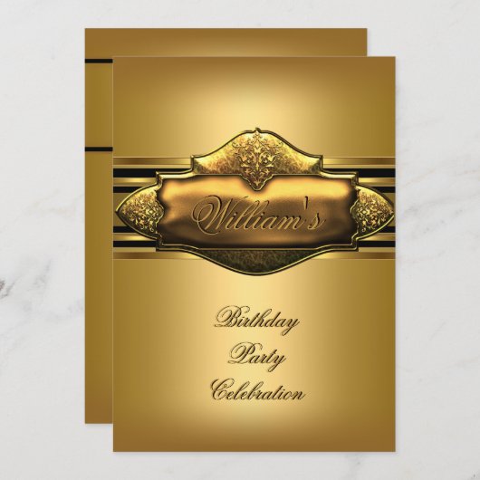 エレガント金ゴールド誕生会Mens 60th 50th 40th 招待状 (正面/裏面)