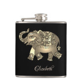 エレガント金ゴールド象フローラ、黒パーソナライズされた- フラスク (正面)