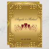 エレガント金ゴールド赤いハート結婚式招待状 招待状 (正面/裏面)