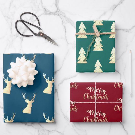 エレガント金ゴールド赤い緑の青いクリスマスパターン ラッピングペーパーシート (正面)