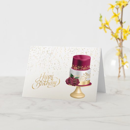 エレガント金ゴールド赤お誕生日ケーキ カード (黄色い花)