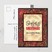 エレガント金ゴールド赤フローラクリスマス新年 ポストカード (正面/裏面)