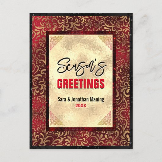 エレガント金ゴールド赤フローラクリスマス新年 ポストカード (正面)