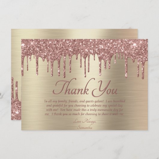 エレガント金ゴールド赤面ピンクグリッタードリップ誕生日 サンキューカード (正面/裏面)